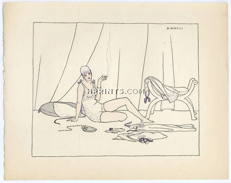 Borelli-Vranska 1914 Pochoir Plate, Exposition de Blanc, Lingerie, Sexy Looking Girl
