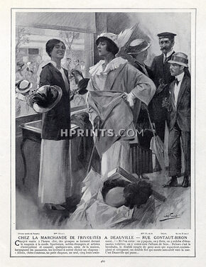 Chanel (Millinery) 1913 Gabrielle Chanel in her shop, street Gontaut-Biron at Deauville
