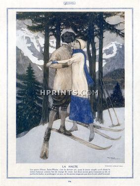 Maurice Lalau 1914 "La Halte" Lovers, Kiss, Skiing, Saint-Moritz