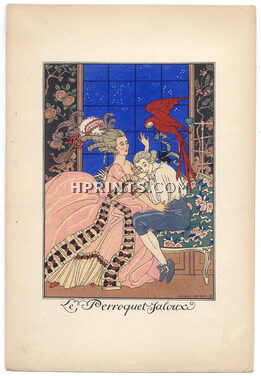 George Barbier 1920 La Guirlande, Le Perroquet Jaloux, Pochoir, Parrot, Lover
