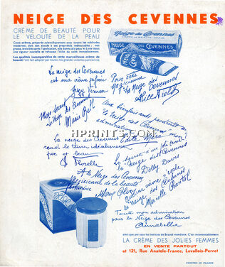 Neige des Cévennes (Cosmetics) 1934 Autograph, Dolly Davis, Annabella, Edith Mera..