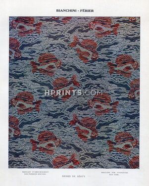 Bianchini Férier (Fabric) 1927 Brocade for Furniture Red Fisch, Seguy