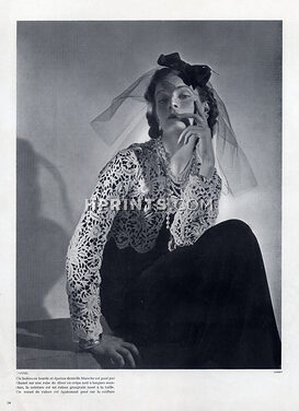 Chanel 1938 White lace Bolero, Black Dress, Jangles of Pearls and Gold, Photo Horst