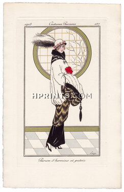 Loeze 1913 Journal des Dames et des Modes Costumes Parisiens Pochoir N°127 Fur Coat, Muff