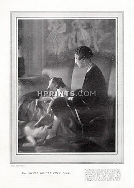 Nicole Groult (Couture) 1926 Mrs Nicole Groult with her dogs Praline & Dragée, Sighthound, Greyhound