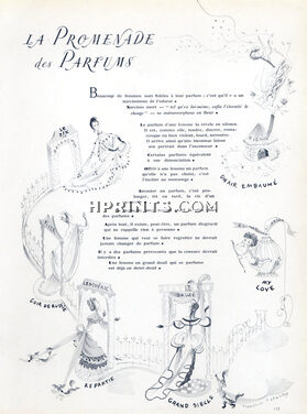 La Promenade des Parfums, 1949 - Françoise Estachy Perfumes Balenciaga, Lentheric, Rigaud, Arden, Sauze, Dior, Chanel, Guerlain, 4 pages