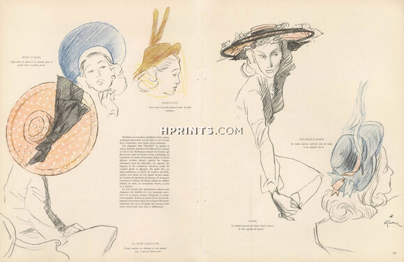 René Gruau 1946 Hats, Claude Saint-Cyr, Rose Valois, Maria Guy, Suzanne Talbot & Sygur