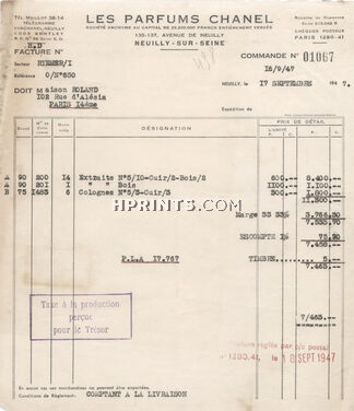 Chanel (Perfumes) 1947 Invoice