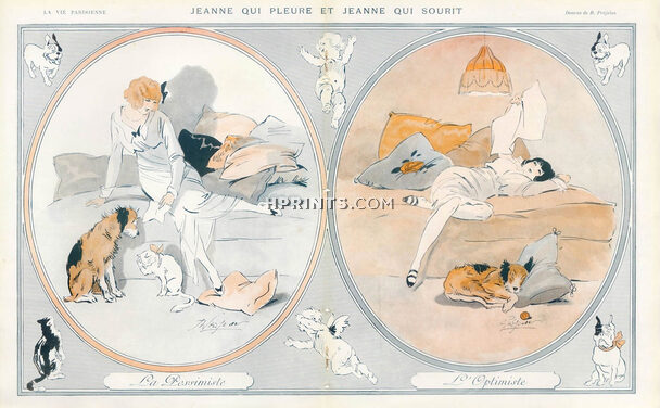 René Préjelan 1915 La Péssimiste et L'optimiste, French Bulldog, Cat