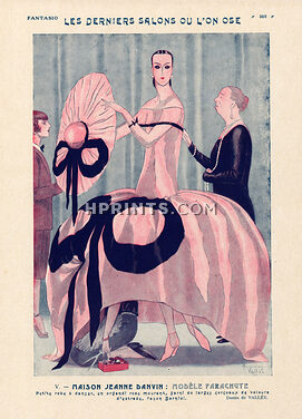 Armand Vallée 1926 "Les derniers salons ou l'on ose" Modèle parachute, Jeanne Lanvin Caricature, Fitting