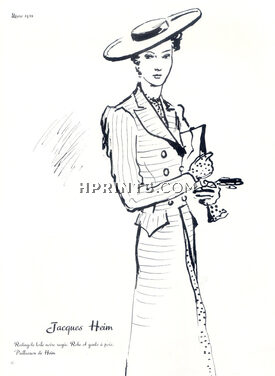 Jacques Heim 1938 Redingote en toile noire rayée, robe et gants à pois, Paillasson de Heim, Jean Pagès