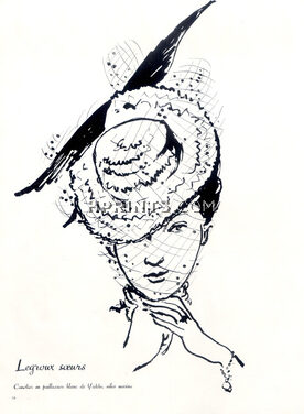 Legroux Soeurs 1938 Canotier en paillasson blanc de Yedda, ailes marine, Jean Pagès