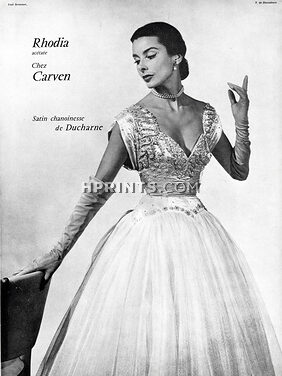 Carven (Couture) 1952 "Satin Chanoinesse" Ducharne, Evening Gown