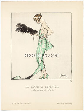 La Femme à l'Éventail, 1920 - Etienne Drian, Robe du soir, de Worth. La Gazette du Bon Ton, n°9 — Planche 67