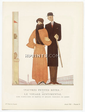 "Pauvres Petites Bêtes..." — ou — Le Voyage Sentimental, 1922 - Benito, Robe d'après-midi de Martial et Armand. Pardessus de Larsen. La Gazette du Bon Ton, n°10 — Planche 74