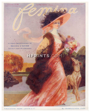 René Lelong 1908 Original Cover Femina, Elegant, Fashion Illustration, Greyhound