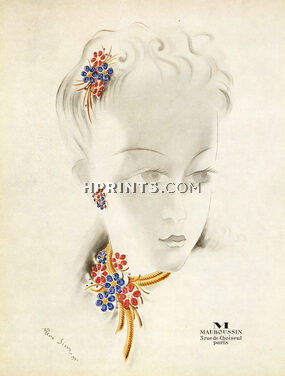 Mauboussin 1941 Hair Clip, Flower Necklace, Earrings, René Sim Lacaze
