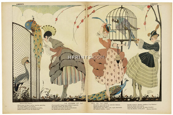 La Guerre et la Rue de la Paix, 1916 - Gerda Wegener Elegants, Peacock, Parrot, Art Deco, Text by Marcel Hervieu