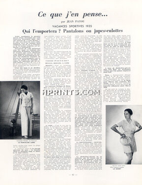 Ce que j'en pense... Pantalons ou jupe-culottes, 1935 - Mrs Philippe de Moustier, Suzanne Lenglen, Luigi Diaz, Text by Jean Patou