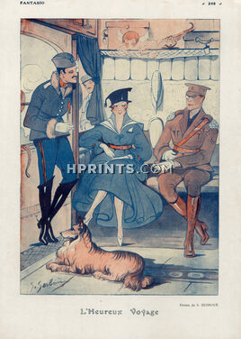 L'Heureux Voyage, 1916 - Suzanne Sesbouë Soldiers Flirting in Train, Collie Dog