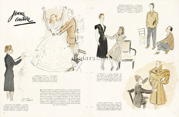 Mrs Jeanne Lafaurie, Mr Jacques Fath, Melle Carven, Mr Pierre Balmain, Mrs Mad Carpentier 1945 Portraits, Fitting, Maurice Van Moppès