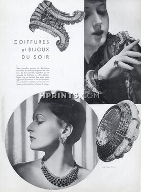 Boucheron 1937 "Coiffures et Bijoux du soir" Brillants et Rubis Bracelets, Necklace, Clip