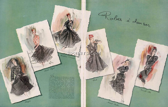 René Gruau 1945 "Robes à Danser" Bruyère, Robert Piguet, Madeleine Vramant, Worth, Marcel Rochas, Marcelle Alix