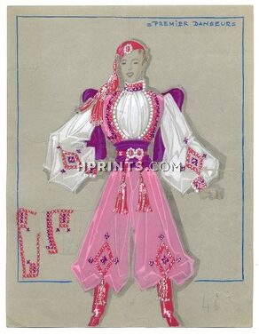 Fost 1942 "La Veuve Joyeuse" Théâtre Mogador, First Dancer, original costume design, gouache