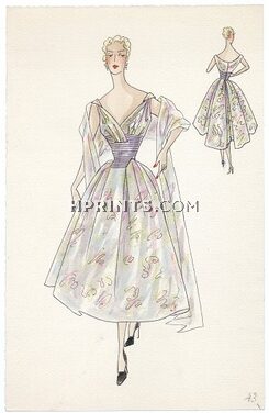 Robert Piguet (Couture) 1940s Original Fashion Drawing, Indian ink and watercolor