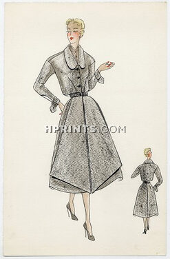Robert Piguet (Couture) 1940s Original Fashion Drawing, Indian ink and watercolor