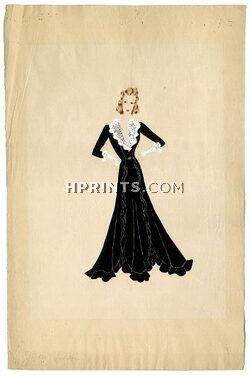 Jean Dessès 30-40s, Original fashion drawing, Black evening gown