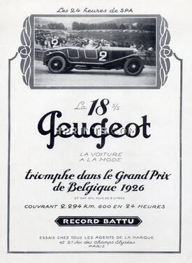 Peugeot (Cars) 1926 "Les 24 heures de Spa, Belgique"