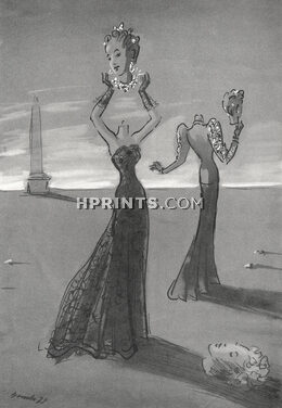 Eduardo Garcia Benito 1938 Chanel & Schiaparelli, lace black evening gown