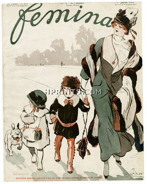 René Préjelan 1912 Femina Cover, French Bulldog, Children, Elegant Parisienne