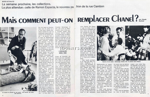 Mais comment peut-on remplacer Chanel ?, 1973 - Ramon Esparza, Nouveau Patron de la rue Cambon, Text by Claude Berthod, 4 pages