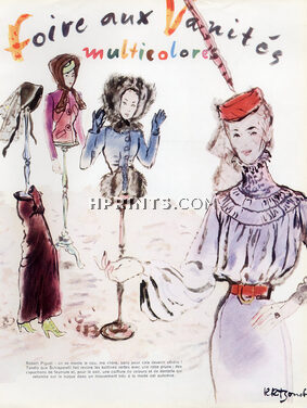 René Bouché 1938 "Foire aux Vanités multicolores" Robert Piguet, Schiaparelli, Alix, Jeanne Lanvin, Molyneux, 4 pages