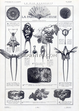 Duvelleroy, Henri Hamm, Lucien Gaillard... 1908 Art Nouveau Style, Comb, Pins, Bracelet, Fan