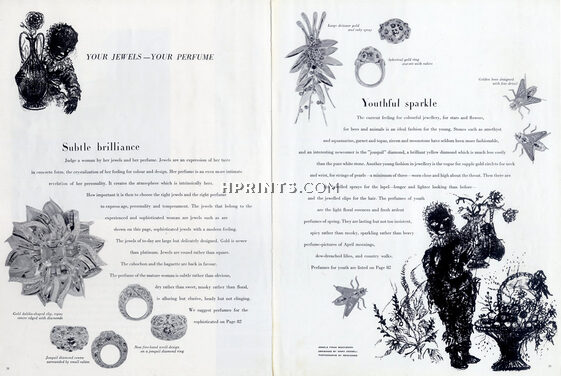 Your jewels - Your perfume, 1947 - Boucheron Bee Clips, Rings, Brooch, Drawings Marie Kessel
