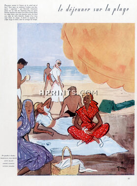 René Gruau 1946 "Le Déjeuner sur la Plage" Marcelle Chaumont, Anny Blatt, André Ledoux, Lucien Lelong
