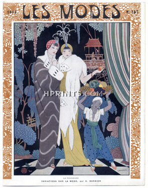 George Barbier 1919 "Variations sur la mode" Fur Coat, Art Deco Style, Japanese Garden