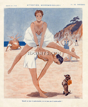 Armand Vallée 1934 Games on the Beach, Leapfrog, Teckel Dog