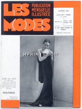 Les Modes 1936 Juillet N°386, Molyneux, Chanel, Lucien Lelong, Evening Gowns, 32 pages