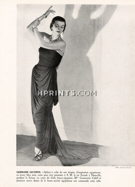Germaine Lecomte 1950 "Sphinx" Robe du soir drapée, Egyptian style, Evening Gown, Photo Jacques Decaux