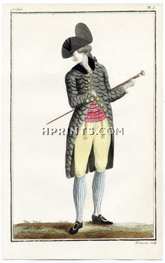 Cabinet des Modes 1 Avril 1786, 10° cahier, planche I, Jeune Homme portant un frac gris