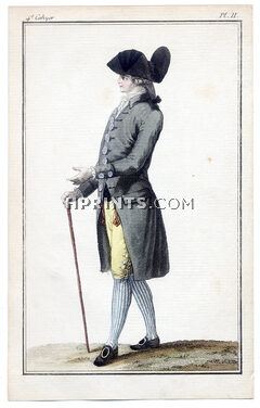 Cabinet des Modes 1 Janvier 1786, 4° cahier, planche II, Homme en surtout, couleur de cul-de-bouteille