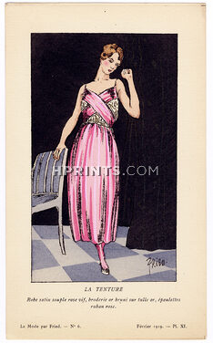 Fried 1919 "La Tenture" Evening Gown Pink Satin and Ribbon, Pochoir