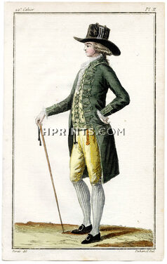 Cabinet des Modes 1 Octobre 1786, 22° cahier, planche II, Jeune homme en frac vert dragon, Claude-Louis Desrais