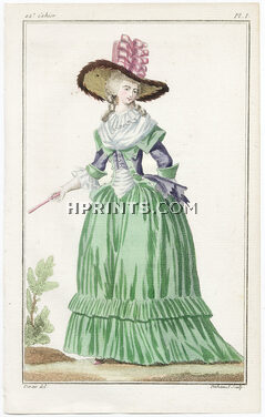 Cabinet des Modes 1 Octobre 1786, 22° cahier, planche I, Femme en caraco à la Cauchoise, Claude-Louis Desrais