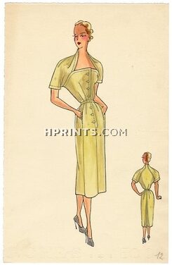Robert Piguet 1939 Dress short sleeves, Original Fashion Drawing