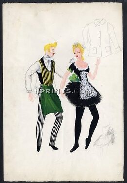 Georges Wakhevitch 1950 Original Costume Design, "Frivolités, Le Valet de Chambre et la Soubrette, Suzanne Sarabelle